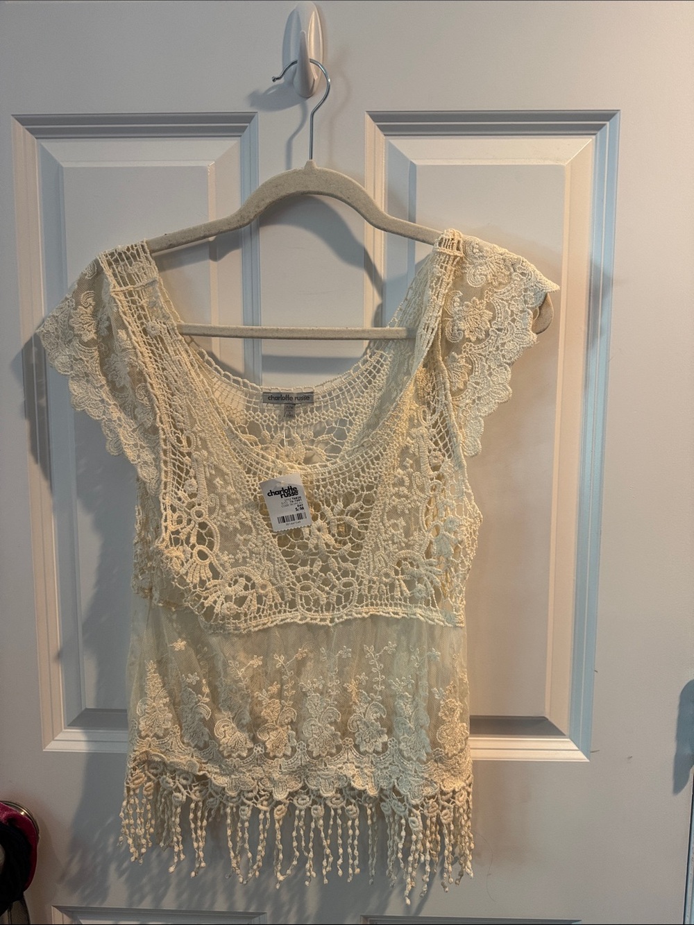 NWT! FESTIVAL Cream Crochet Lace Fringe Shirt